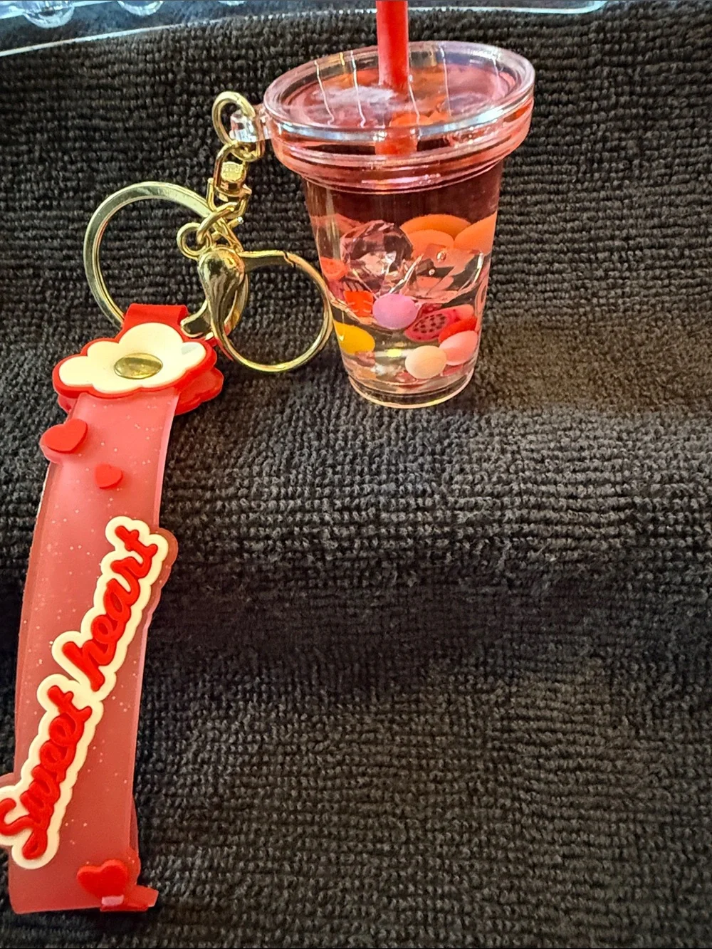 Red 'Sweet Hearts' Cup Keychain with Flower Strap